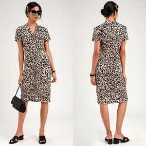 Lulus | Ashlyn Taupe Leopard Print Midi Shirt Dress